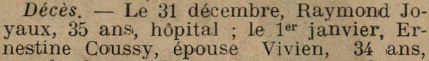 JOYAUX Raymond Deces La Croix de la Charente 12 janvier 1919